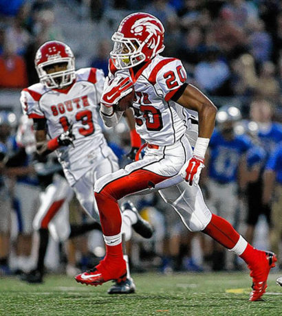 Westerville South wide receiver Jaelen Gill (20) races toward the endzone for a touchdown during the Wildcats' football game against Hilliard Bradley Sept. 26, 2014 at Hilliard Bradley High School in Hilliard, Ohio.